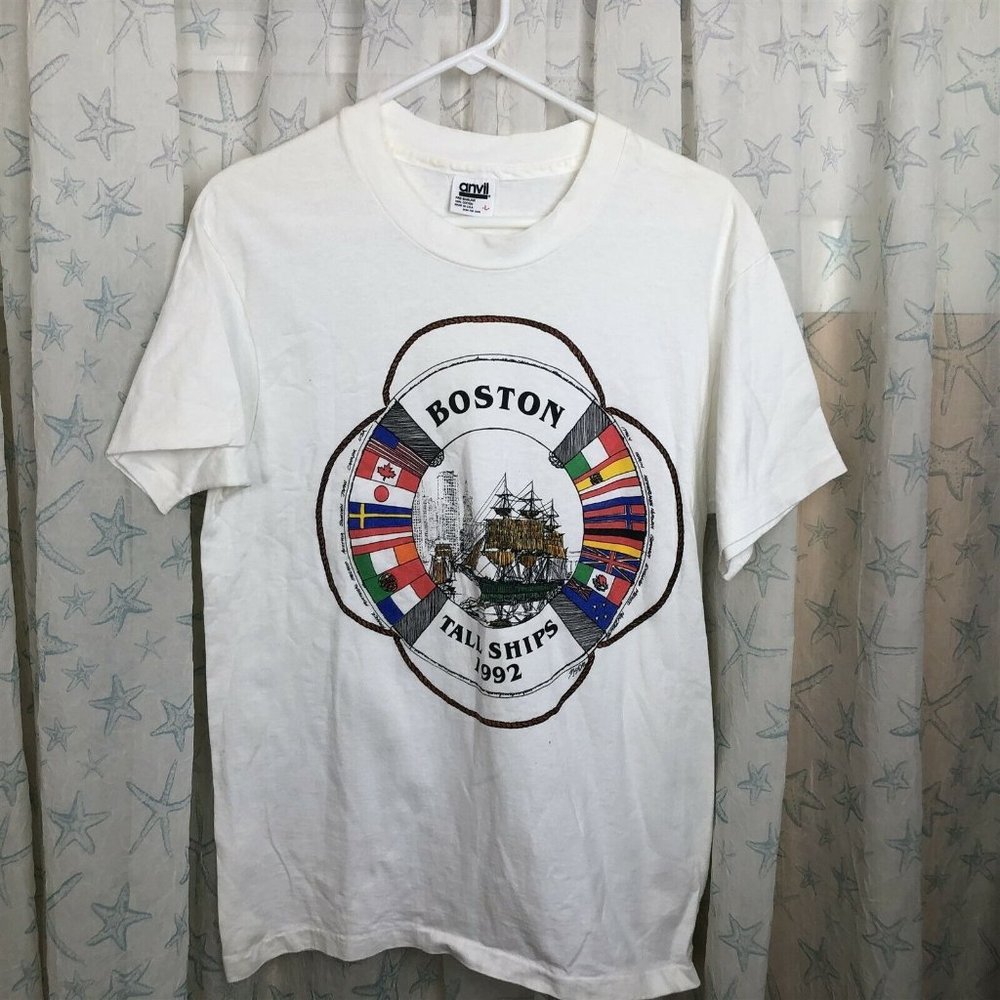 Vintage 1992 Boston Tall Ships T Shirt Anvil White Mens Large single stitched